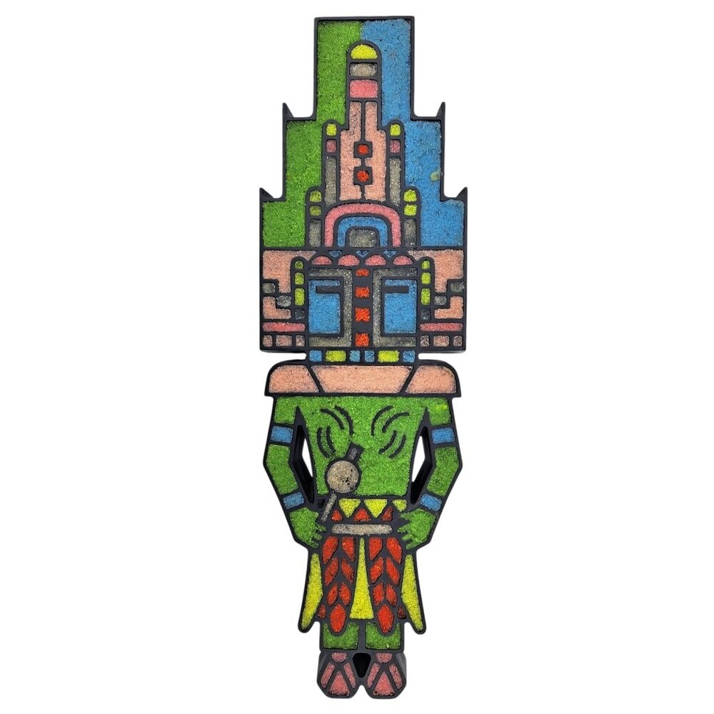 Vintage Aztec Mayan God Multicolor Wall Sand Art Plastic Vibrant Mosaic Handmade
